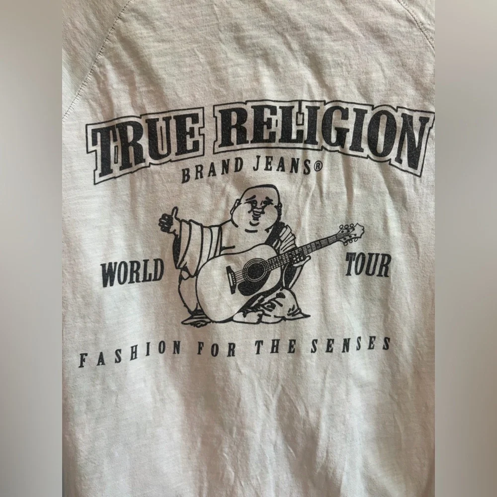True Religion Logo Buddha Graphic World Tour Henley Long Sleeve Cotton Shirt Top